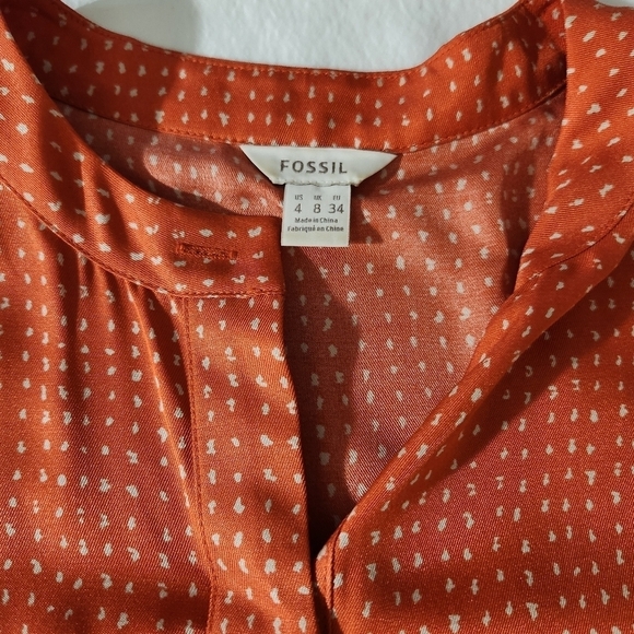 Fossil Women's 100% Silk Orange Ditzy Print Button Down Pockets Shift Dress SZ 4 - Picture 13 of 14